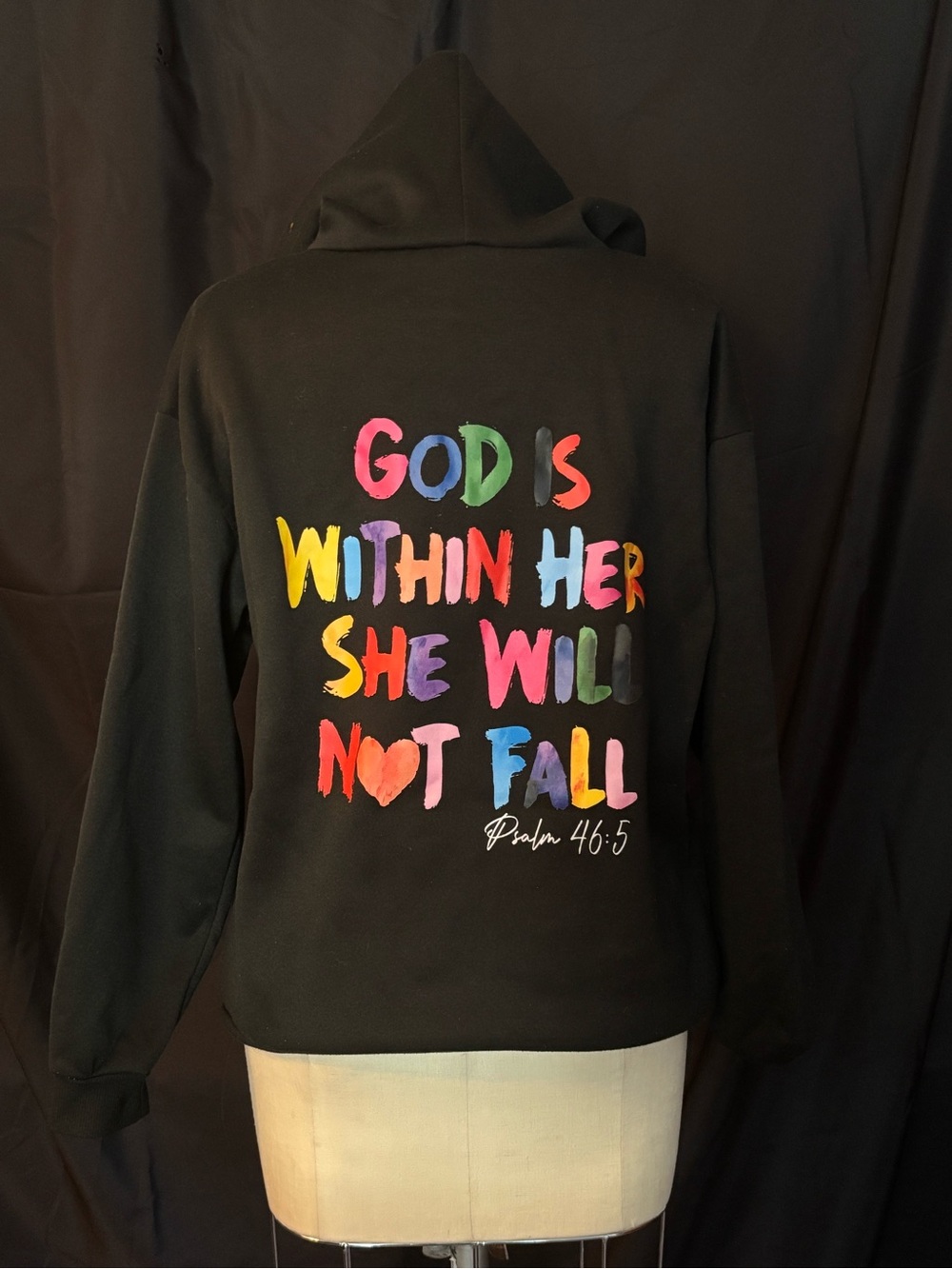 Black Hoodie Jacket with Multicolor Psalm 46:5 Back Graphic